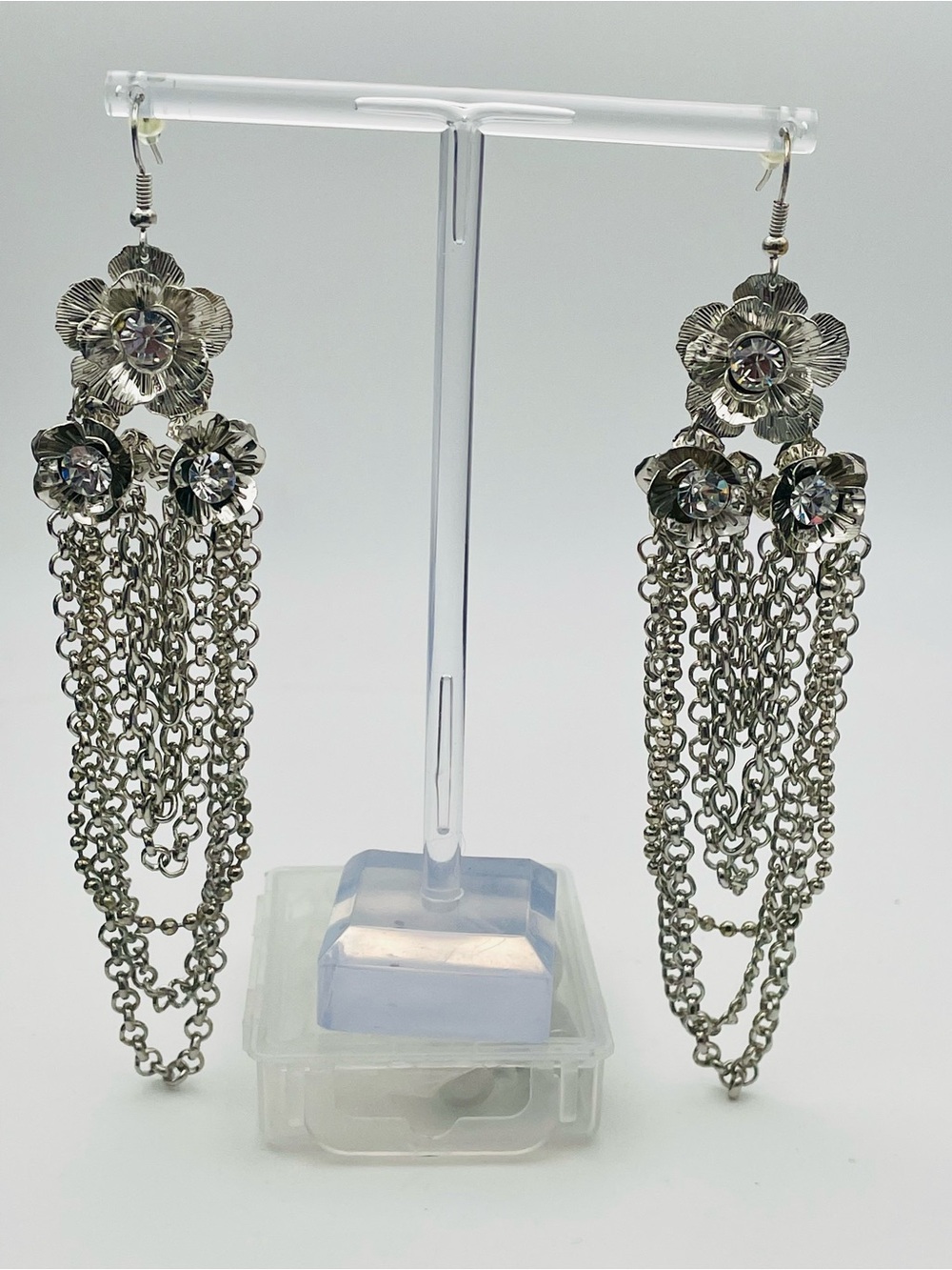 Silver Crystal Floral Chain Dangle Earrings - Women's Jewelry